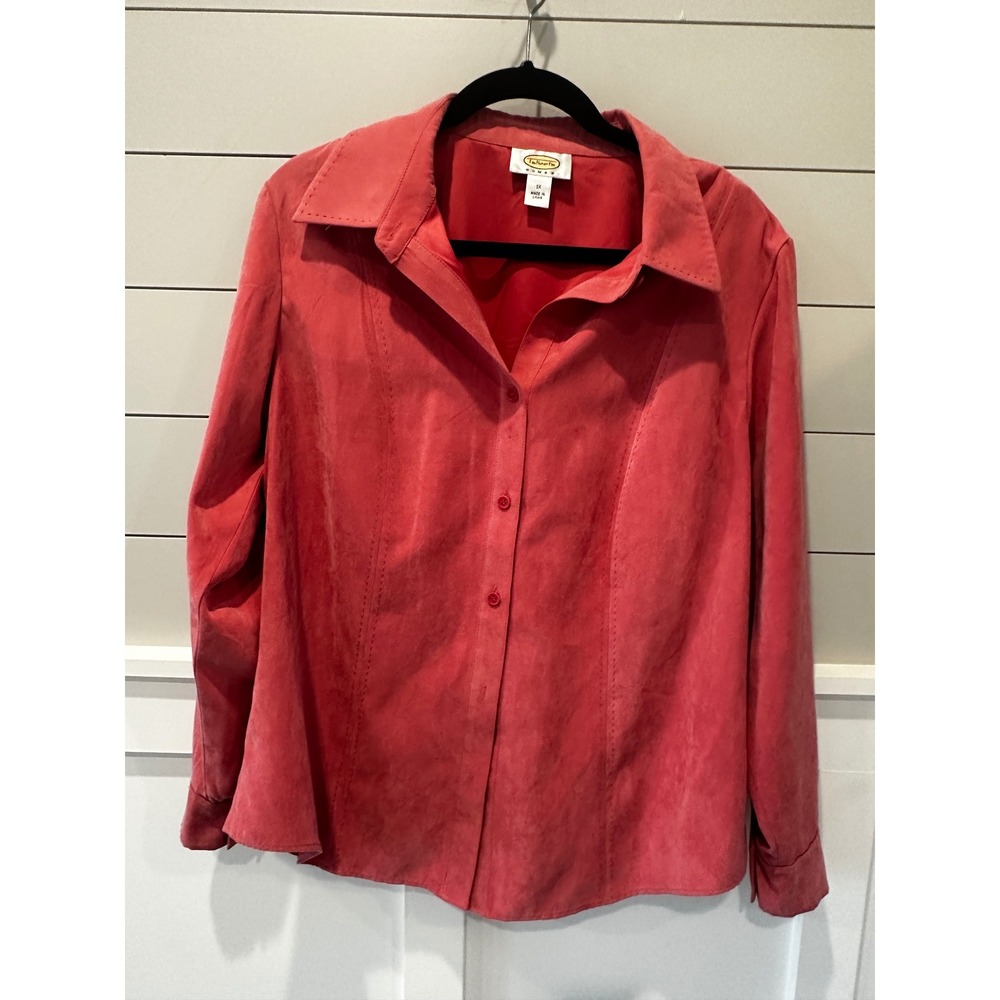 Talbots Woman Coral Pink Faux Suede Button Front Shirt Plus Size 1X Long Sleeve